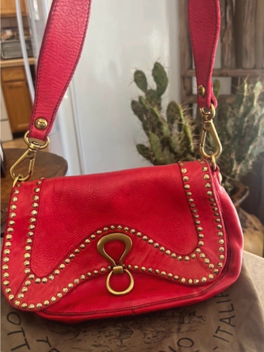 Rare Campomaggi Dark Pink Studded Italian Leather Shoulder Bag w/dustbag!